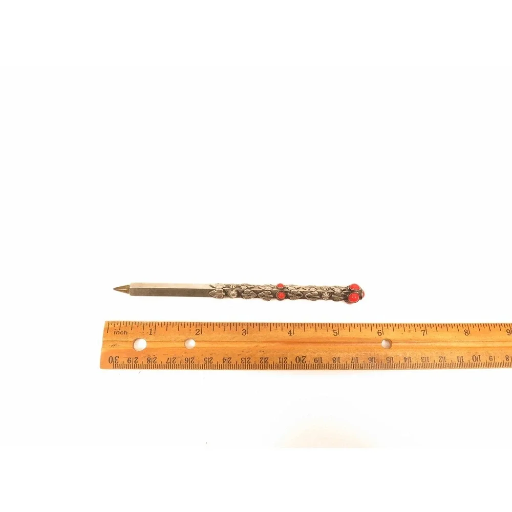 Beautiful Vintage Floral Leaf Glass Coral‎ Jeweled Silver Plated Ornate Pen